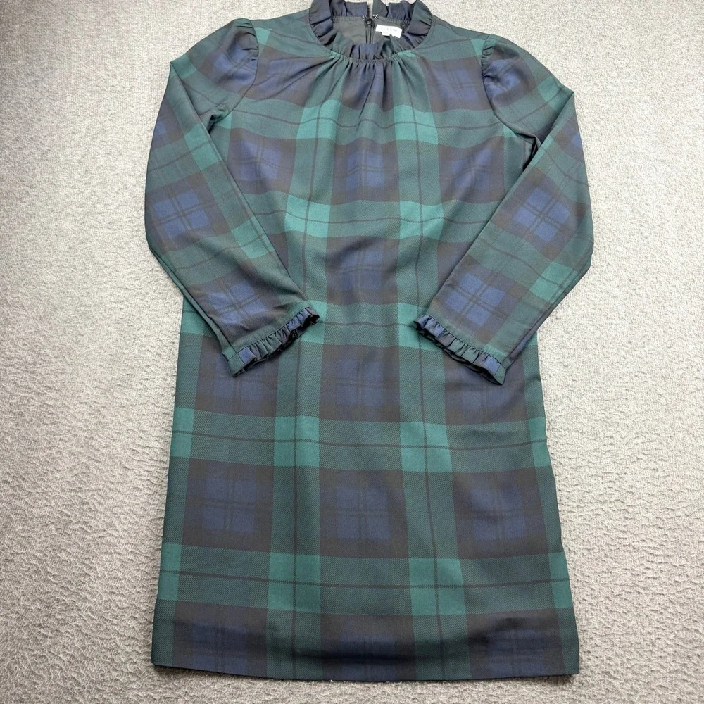 J.Crew‎ Plaid Shift Dress Women's 2 Green Black Watch Ruffle Neck Long Sleeve